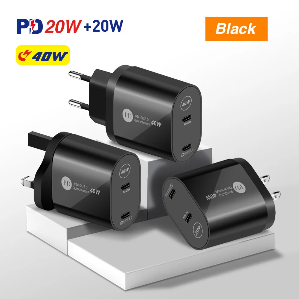 

PD QC 3.0 40W USB Type C Charger For iPhone 12 Pro Max Xiaomi Quick Charge USB-C Fast Charging USB C Travel Wall Charger