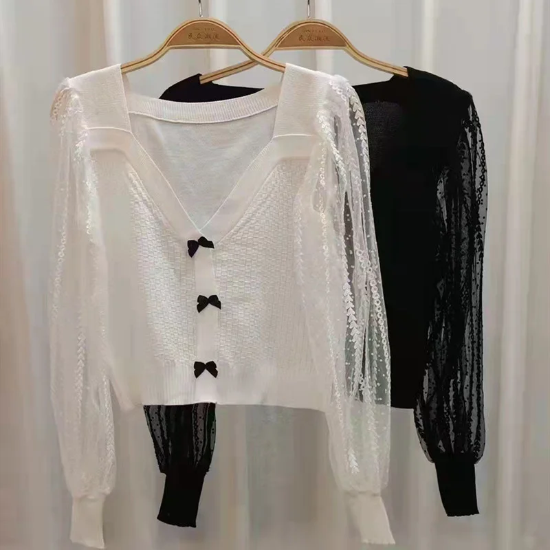 

2021 New Autumn Clothing Graceful Bow Mesh Stitching