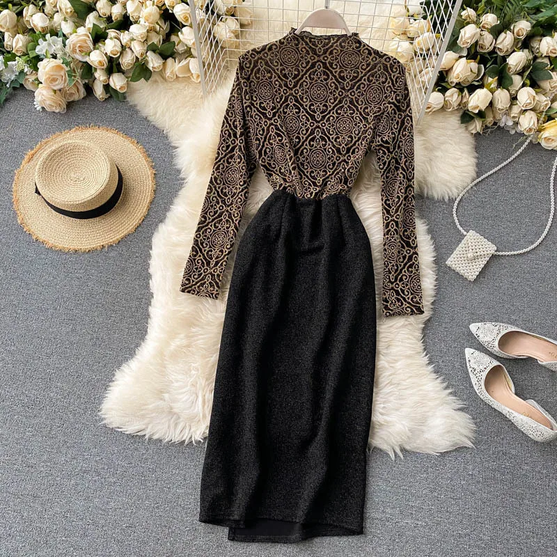 Женское облегающее платье с длинным рукавом длинная юбка оборками и высокой