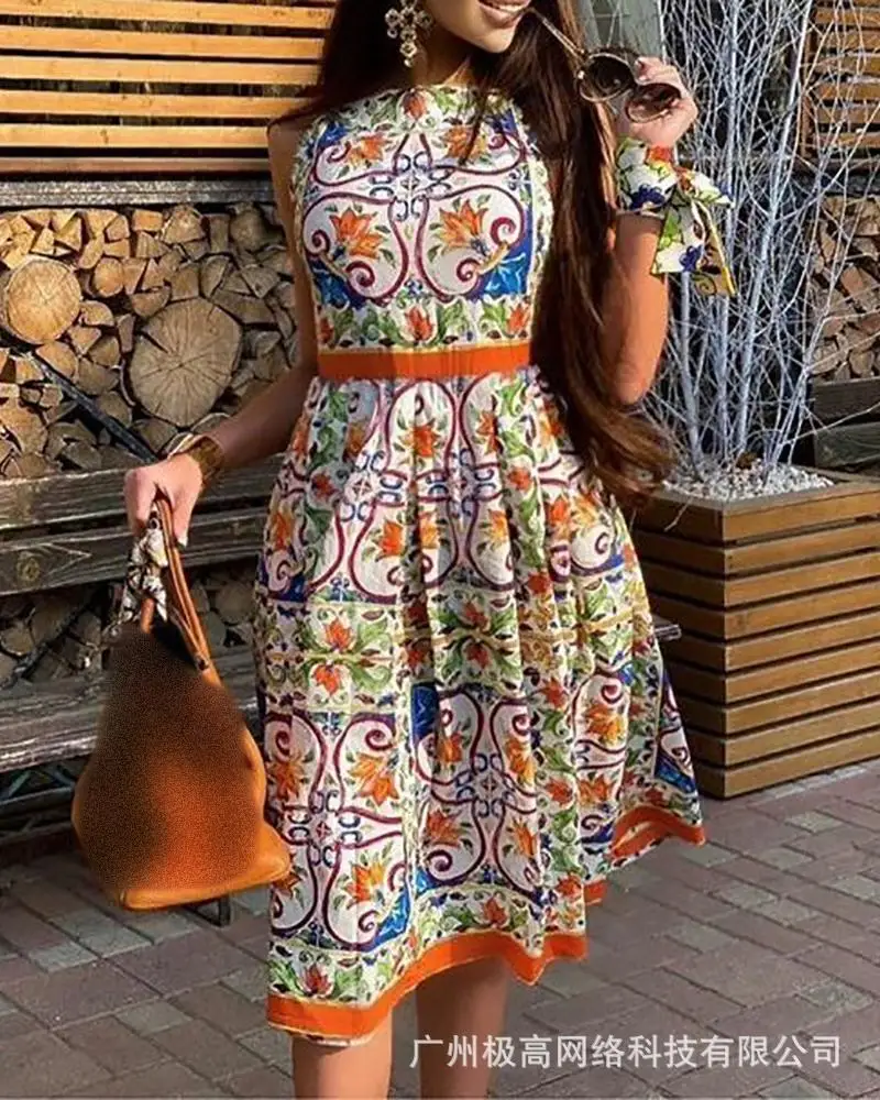 

Women's 2021 New Summer Baroque Print Sleeveless Waist Dress
