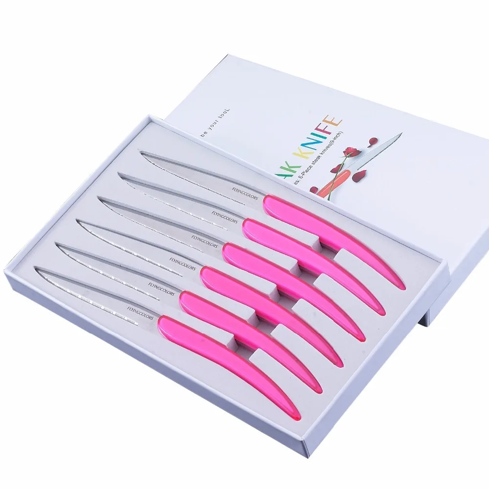 

New 6 pcs/lot Steak Knives Set Pink Colored Steak Knife Stainless steel Flatware Restaurant Cutlery Christmas Gift for family
