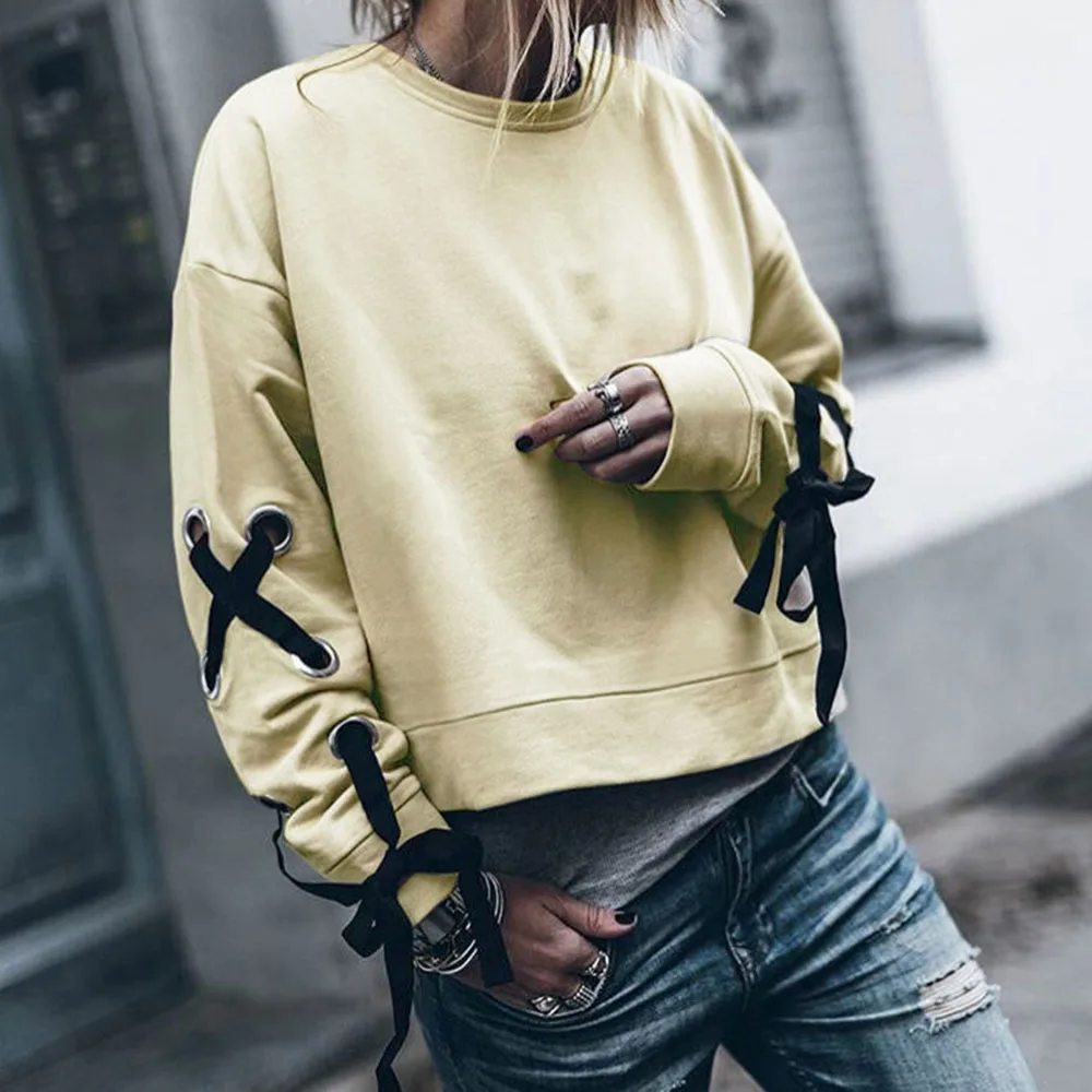 Осенние женские толстовки 2019 Корейская шнуровка простая длинный рукав короткая