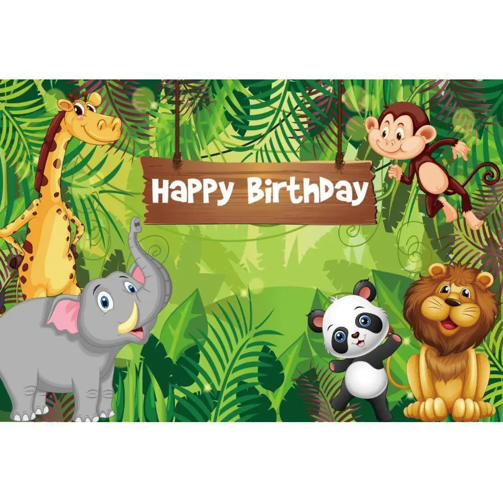 

Jungle Happy Birthday Backdrop Cartoon Animal Safari Party Photography Background Forest Green Leaves Newborn Birthday Backdrops