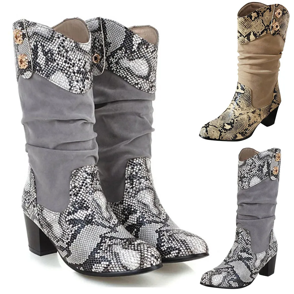 Сезон осень Высокие сапоги из змеиной кожи на толстой подошве Замшевые теплые