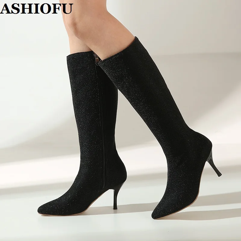 

ASHIOFU FV-4-4 New Real Pictures Ladies 8.5cm High Heels Boots Party Prom Club Mid-calf Booties Large Size Fashion Evening Boots