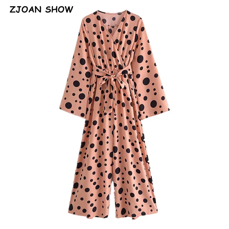 

Женский комбинезон в горошек, розовый комбинезон в богемном стиле с бантом на талии, V-образным вырезом и длинным рукавом, праздничный комби...