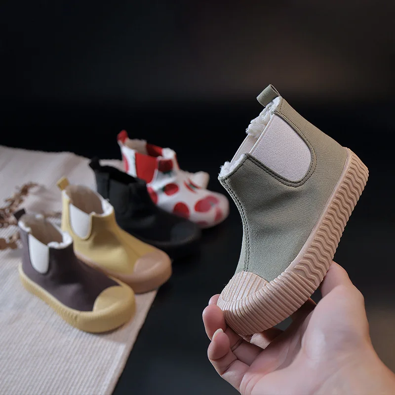 

Осенне-зимние Новые Детские парусиновые туфли с высоким верхом, детская повседневная обувь из овечьей шерсти, теплые однотонные детские бо...