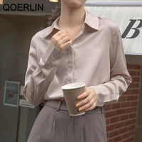 qoerlin women satin white shirt long sleeve turn down collar tops blouse 2022 new solid button up shirts office female clothing