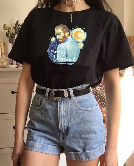 

Kuakuayu HJN Loving Vincent Movie T-shirt Van Gogh Turn Around Art Unisex Women T-shirt Cotton Harajuku Hipster
