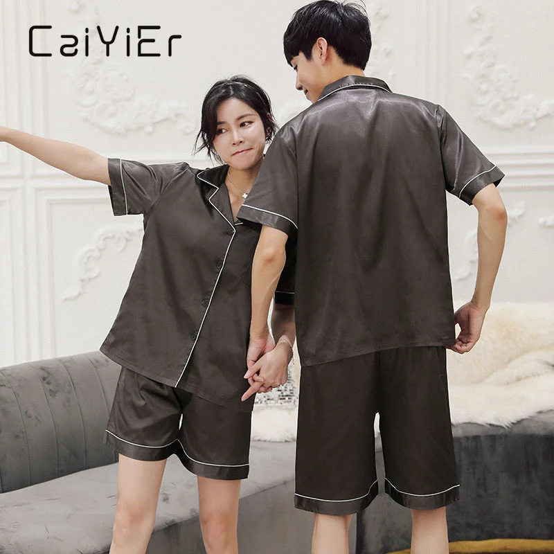 CAIYIER Summer Silk Lovers Pajamas Set Solid Turn-down Collar Women & Men Nightwear Casual Couple Sleepwear Suit Homewear M-3XL