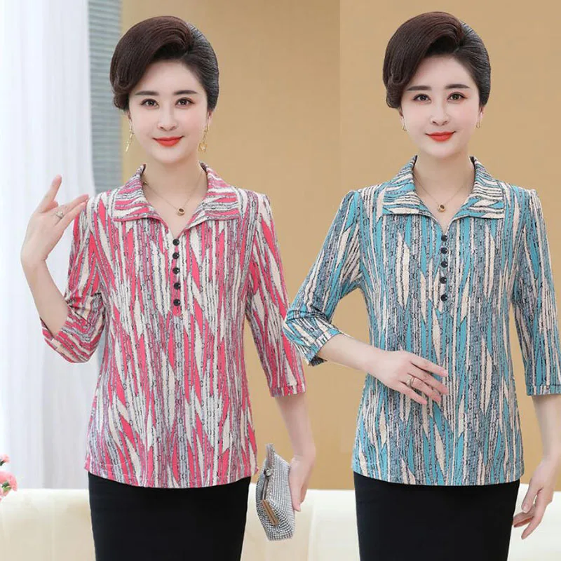 

Middle Age Women Blouse 2022 Spring Summer New 5XL Mother Clothing Print Shirt Blusa Feminina Cardigan Tops Mujer Y58