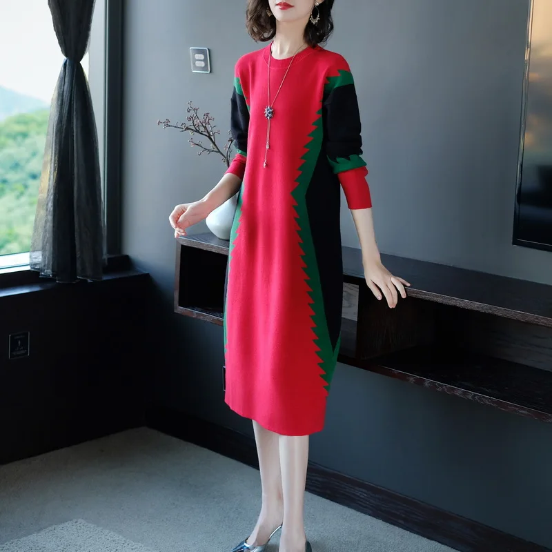 Knitted Long Sweater Dress Female 2021 Autumn Winter New Contrast Color Loose Large Size Women Pullover Sweaters Dresses L4114 | Женская