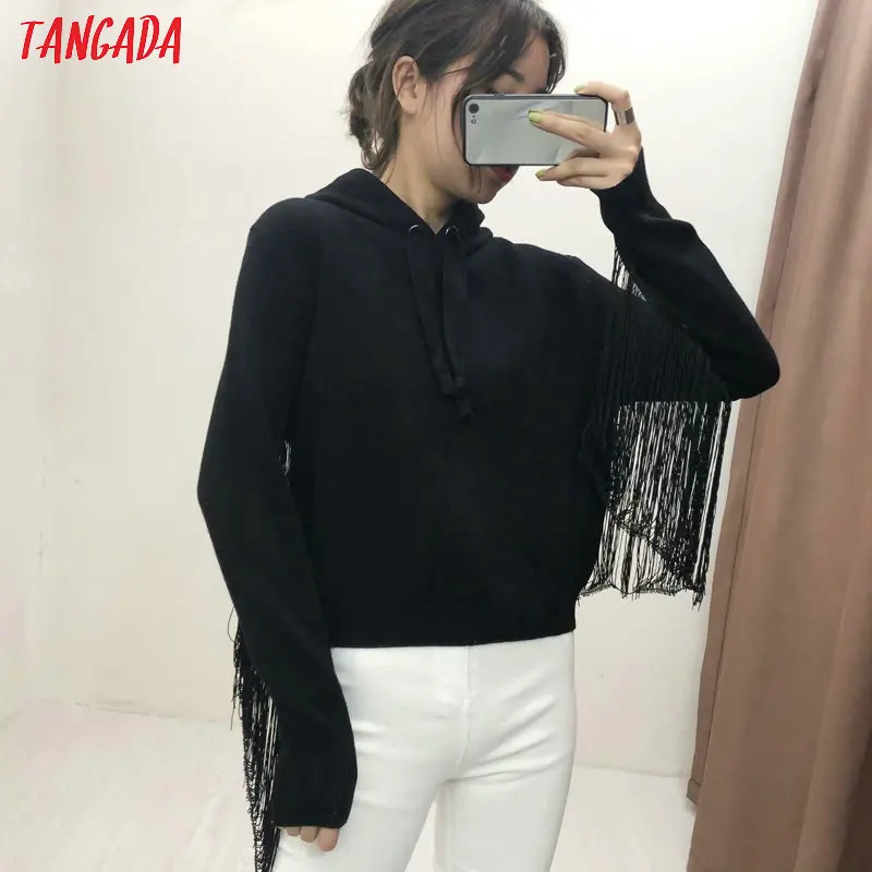 Tangada черное худи черная толстовка с капюшоном черный свитшот с капюшоном толстовка с бахромой худи с бахромой теплое худи теплая толстовка зимний свитшот зимнее худи на флисе RY439