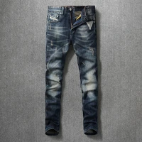italian style fashion men jeans high quality retro blue slim fit ripped jeans men embroidery patch designer vintage denim pants