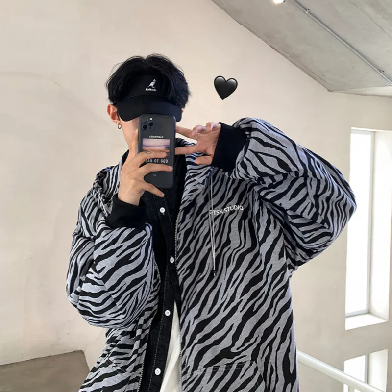 

Men Hooded Leopard Print Zipper Japanese Streetwear Jackets Coats Spring Hip Hop Harajuku Windbreaker Male Korean Fashions Coats