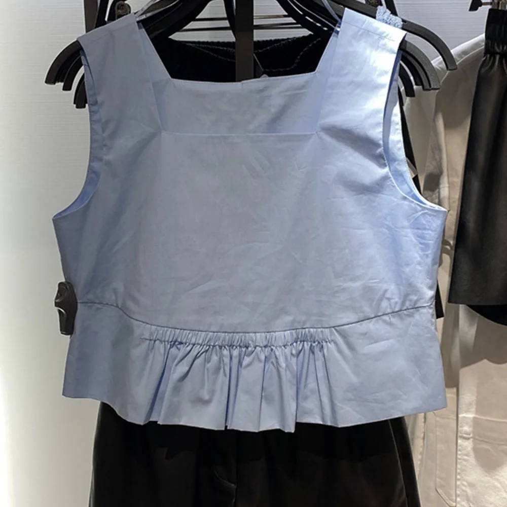 

Spring and summer fresh simple all-match blue casual short strap shirt vest for women
