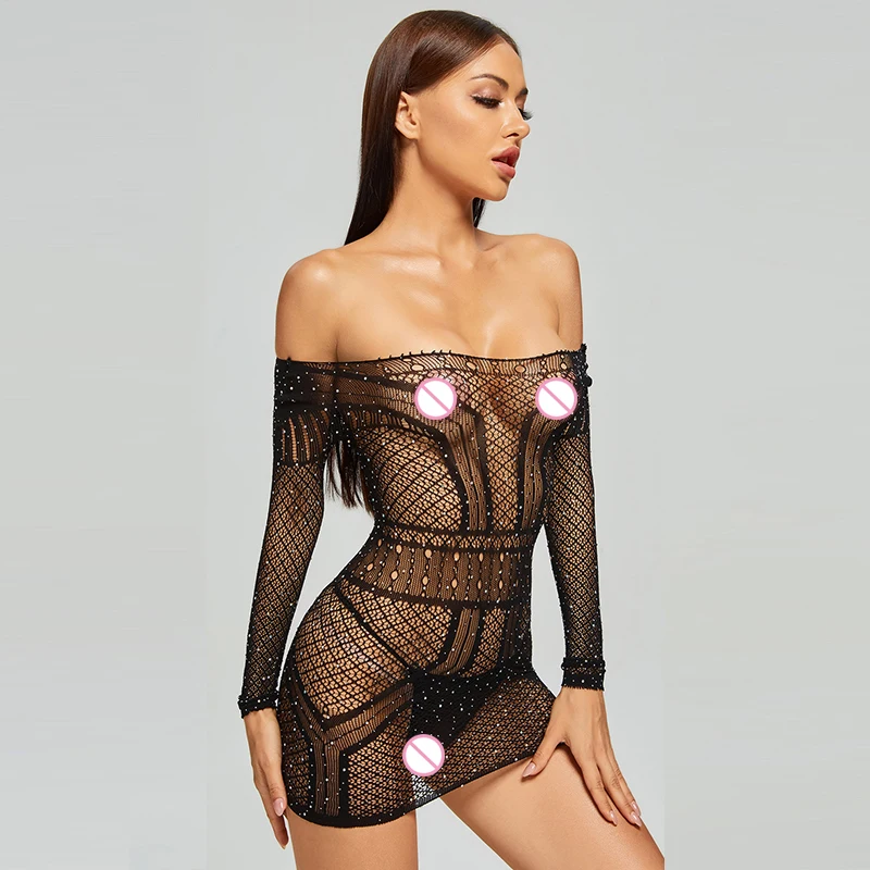 

Explosive Women Sexy Hollow Fishnet One-Shoulder Hot Diamond Bag Hip Temptation Tights Skirt Erotic Lingerie Bodysuit Babydoll