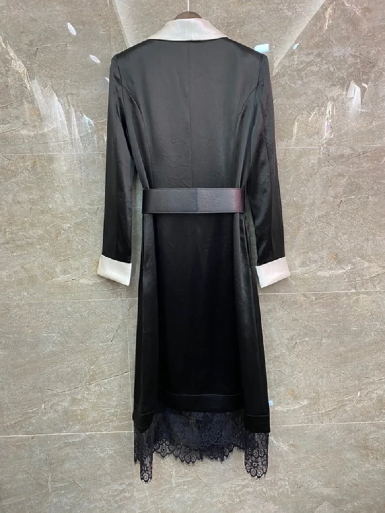 

New Top Quality Business Women Dress 2021 Autumn Work Ladies V-Neck Lace Patchwork Long Sleeve Black Satin Dress With Belts