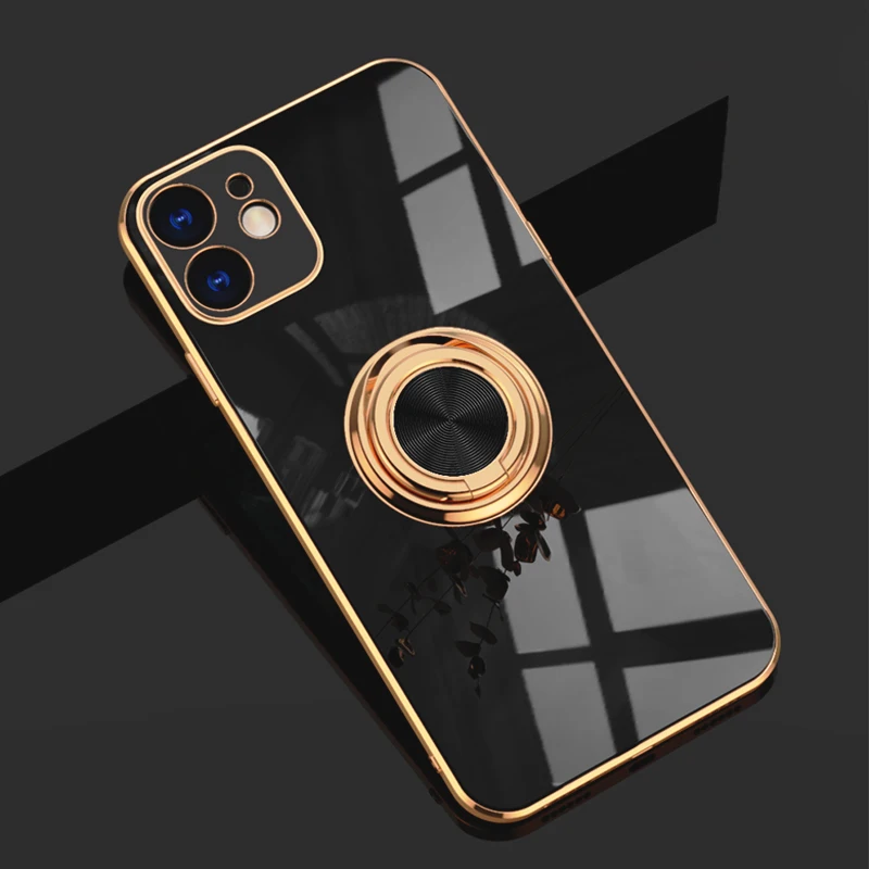 

Soft Silicone Case For iPhone 11 12 Pro Max XS XR X R 7 8 Plus iPhone12 Square Shell Bumper Plating Cover With Ring Holder Stand