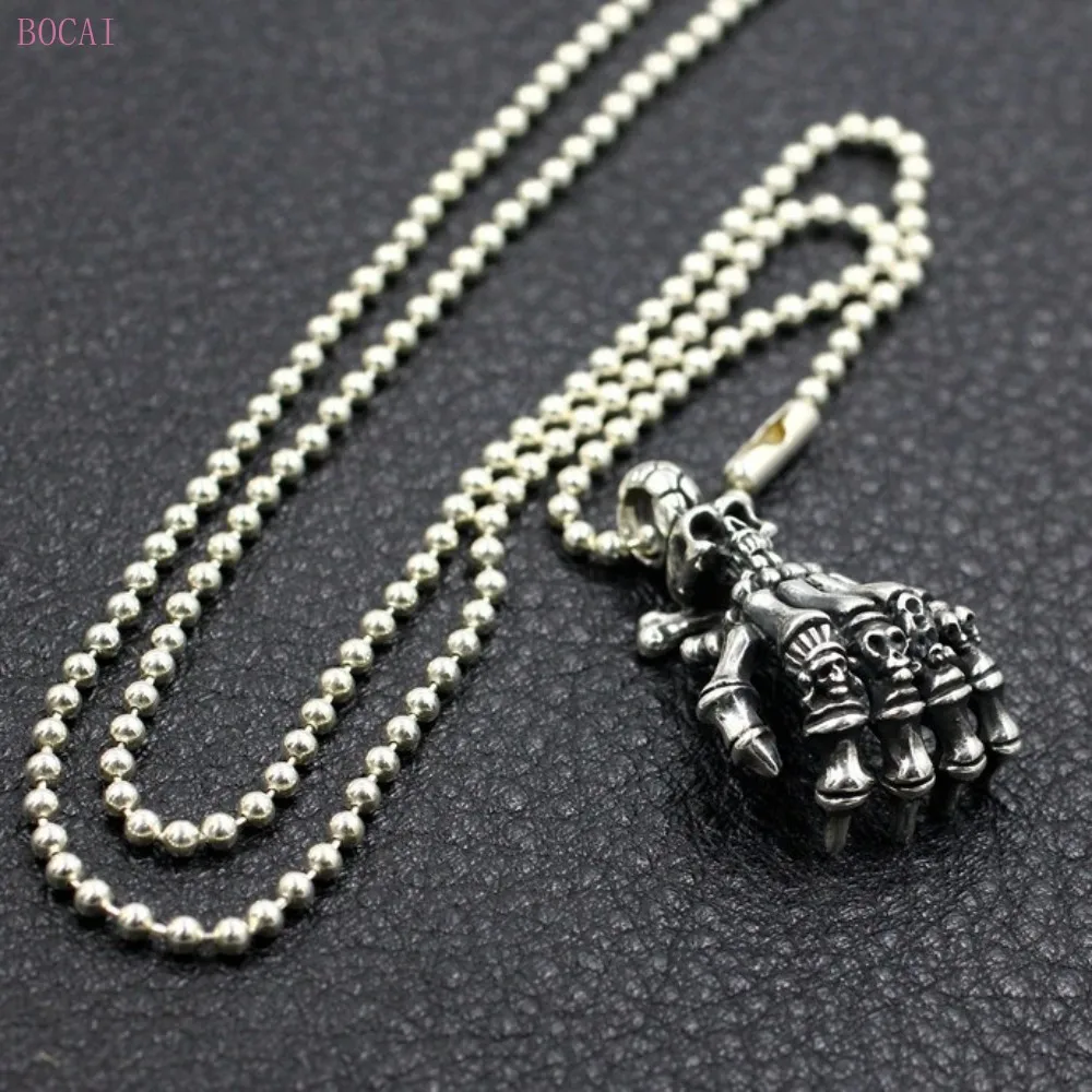 

BOCAI S925 Sterling Silver Pendant 925 Silver Thai Silver Handmade Skull Head Claw Dark Punk Retro Men's And Women's Pendant
