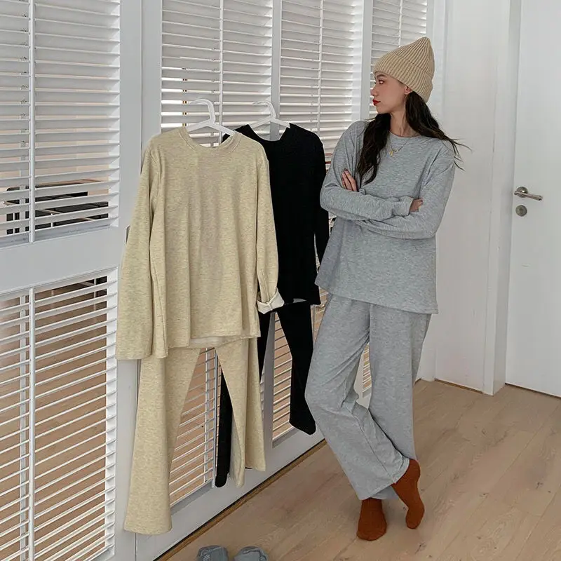 

Sleepwear Women Cotton Black Gray Apricot Solid Color Pajamas Autumn Female Home Clothes Sleepwear Warm Pijamas Pyjamas