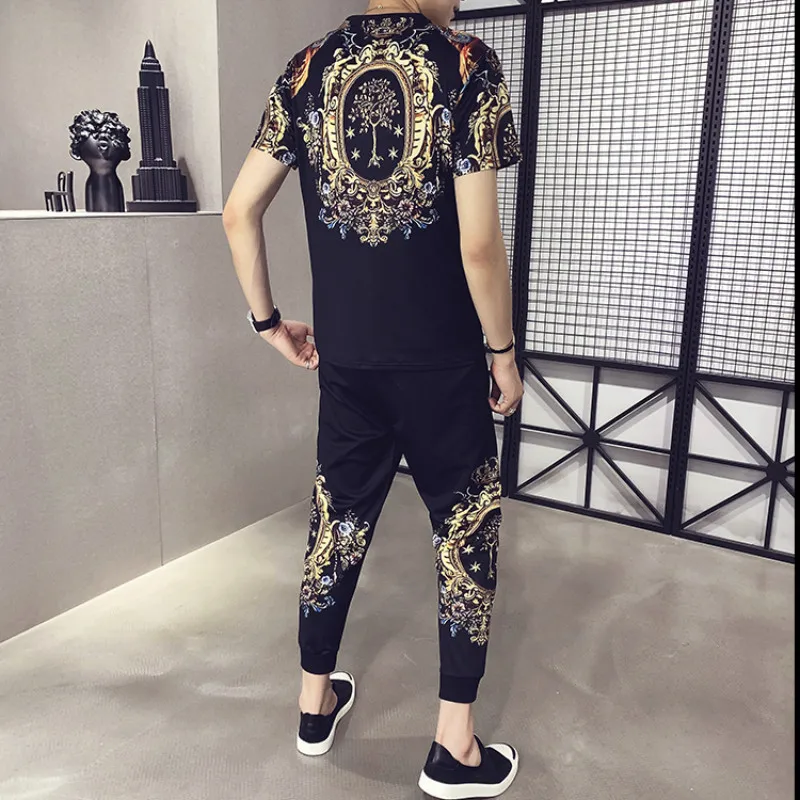 

Luxury Retro 2021 Sweatsuit Casual Tshirt Pants Sets Two-piece Set Tracksuit Men Street Wear Social Nightclub Male Clothing