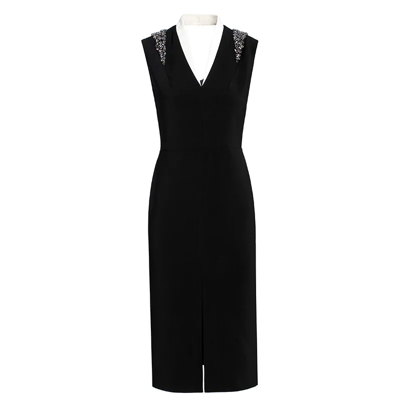 

Women dress Slim Summer splice dress High waist V-neck Straight through dress Women XQ1175