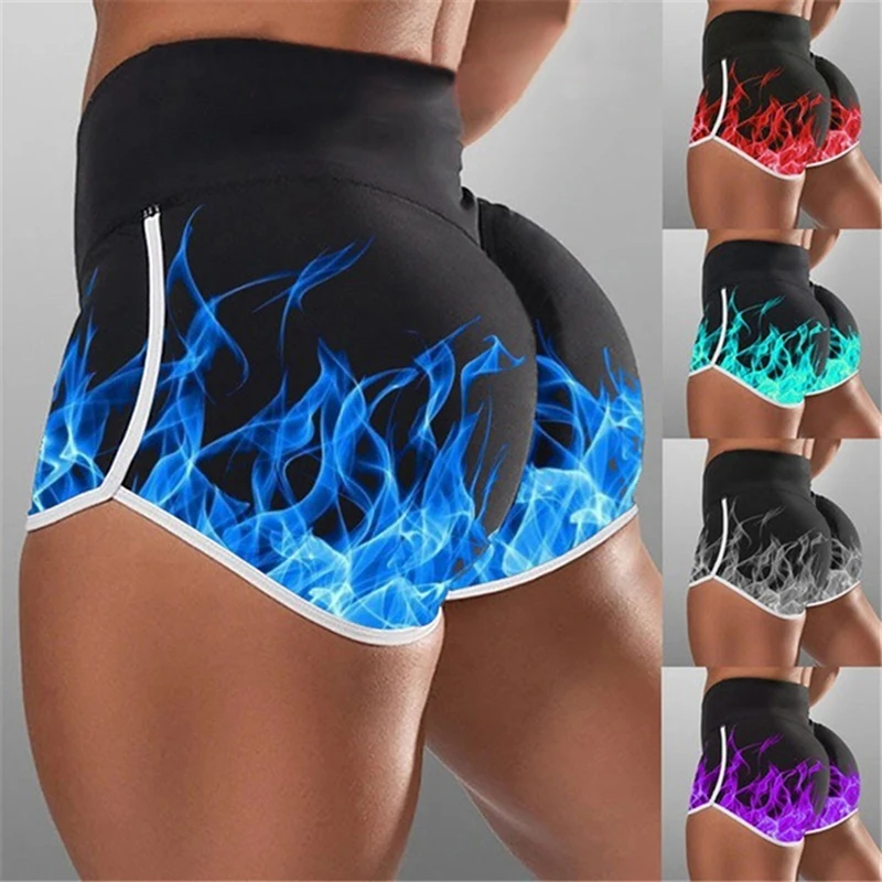 

2021 New Women High Waist Print Fitness Shorts Side Bandage Push Up Slim Shorts Stretchy Fire Print Sexy Short Shorts