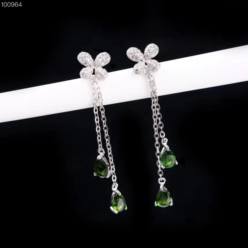 

natural green diopside drop earrings 925 silver Natural gemstone earring elegant Clover Tassels strand woman party gift jewelry