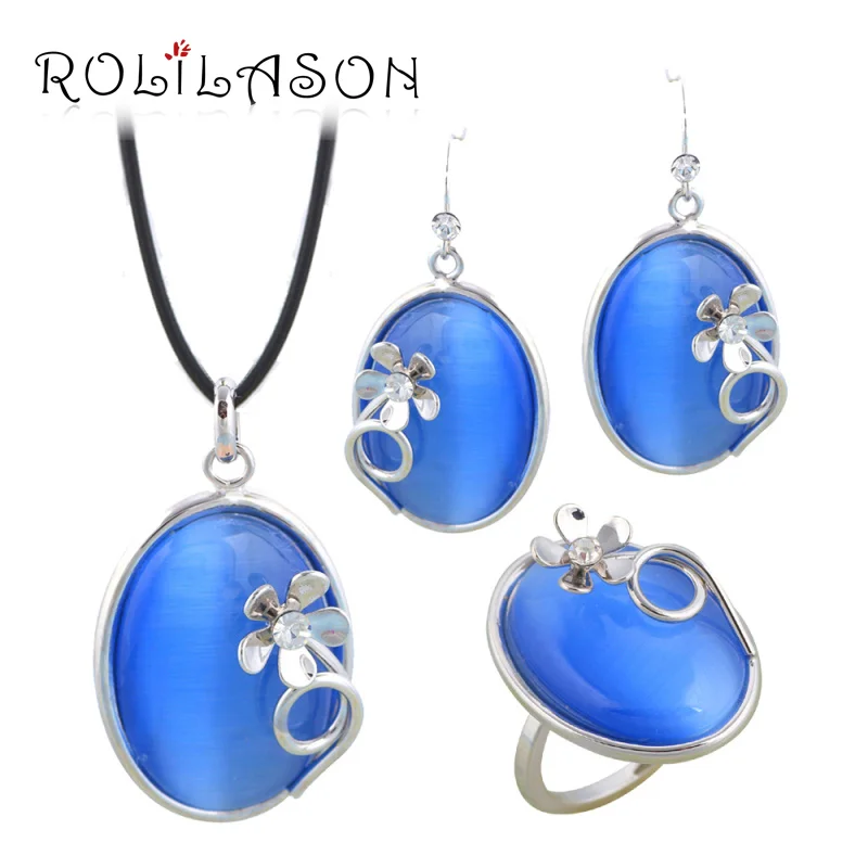 

ROLILASON Wholesale&Retail Blue zircon Silver Sets Earring /Necklace/Pendant/ Rings Fashion Jewelry for Women JS691