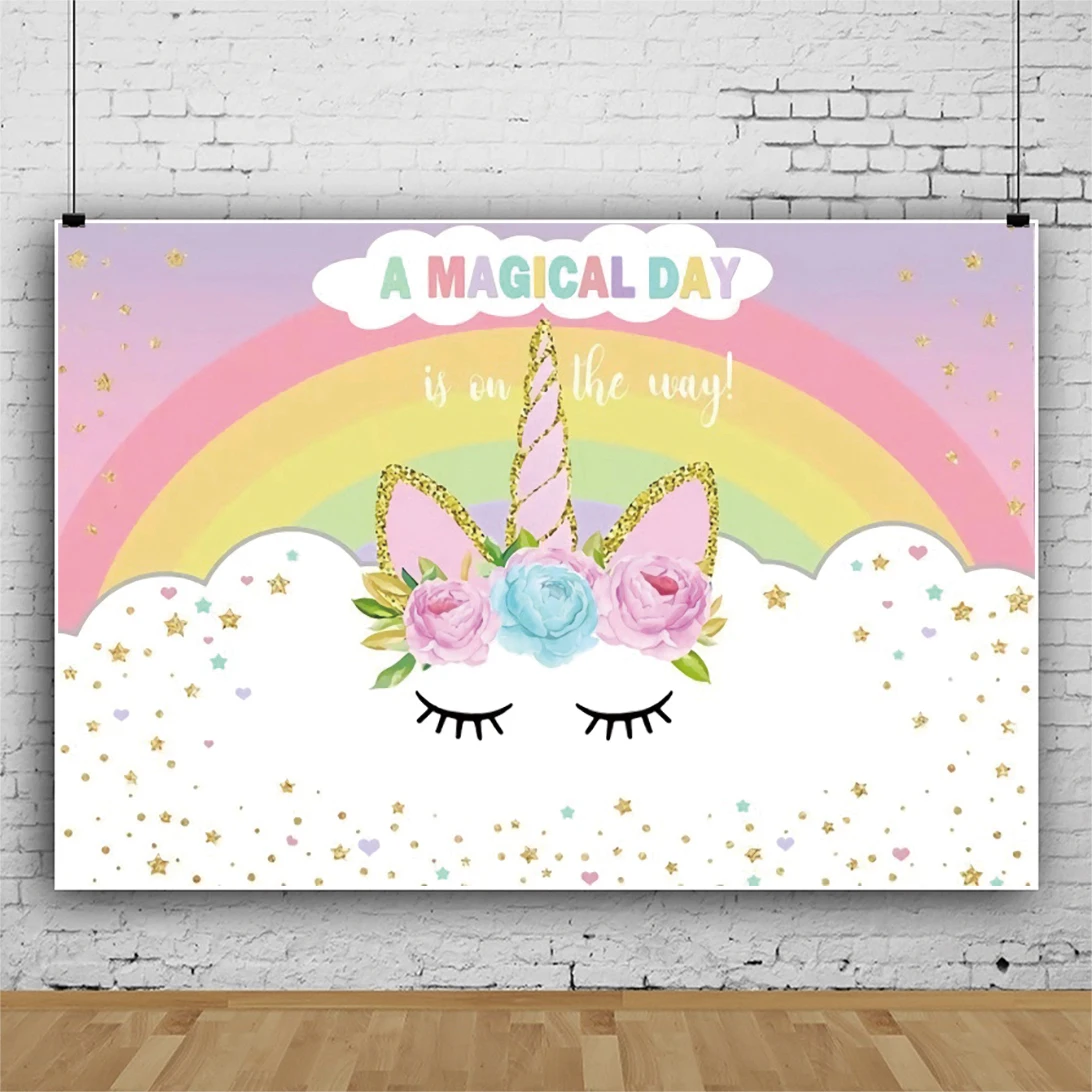 

Laeacco Rainbow Unicorn Birthday Patry Dreamy Shiny Star Baby Shower Customized Poster Photographic Background Photo Backdrops