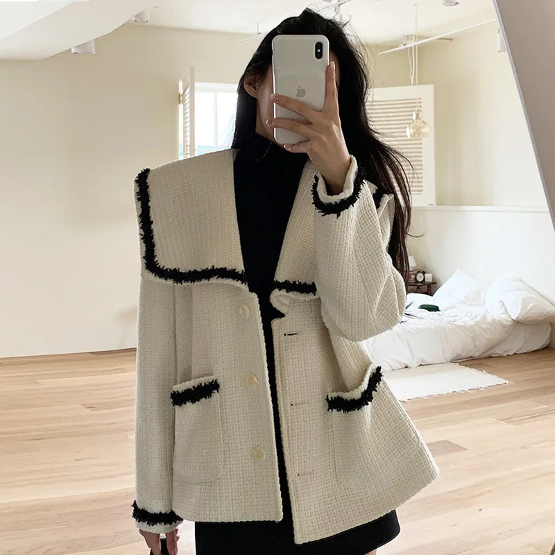

Korean Chic Sailor Collar Contrast Tassel Trim Design Loose Clip Cotton Thickened Tweed Short Coat Women 2021 N108