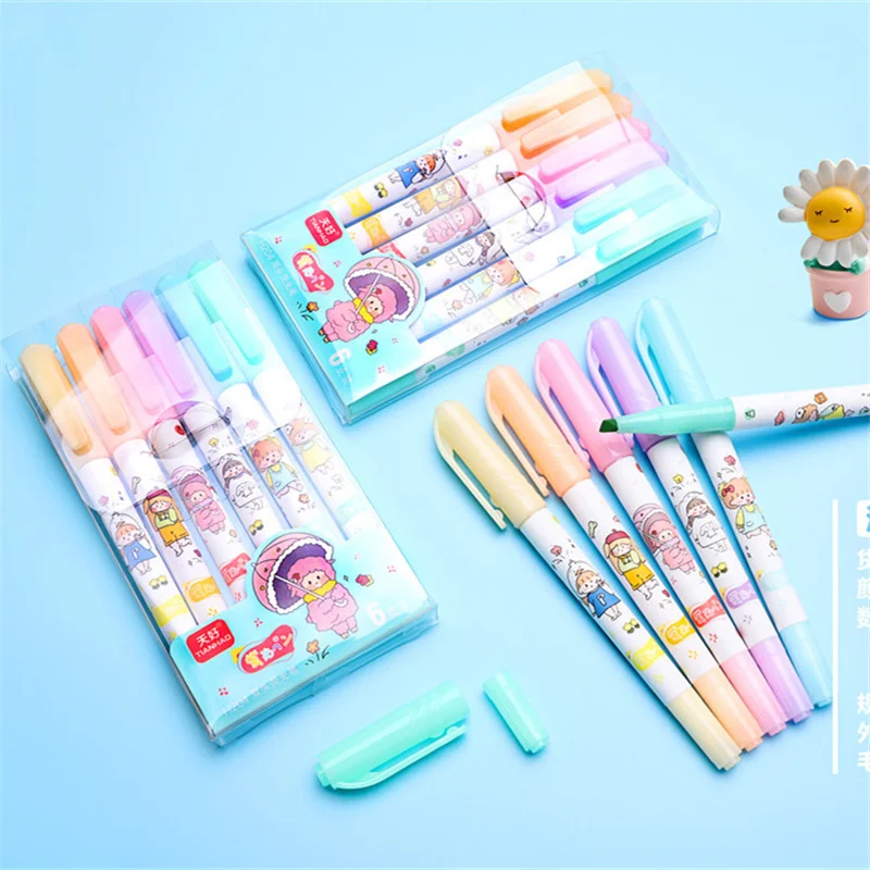

6Pcs/Set Double Head Marker Highlighter Set Writing And Drawing Graffiti Light Color Fluorescent Pens Stationery Supplies
