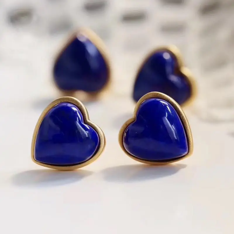 

"Classic Peach Heart" Natural Afghan Lapis Lazuli Stud Earrings Sterling Silver Inlaid Heart-Shaped Earrings Female Elegant