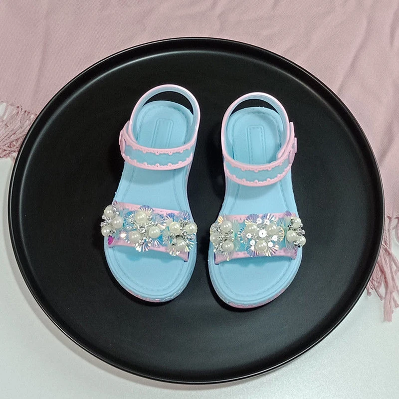 

Girls Sandals Summer Shoes Flowers Pearls Beachwear New Fashion Princess Sandals Girls Non-Slip Beach Sandals Children PVC Shoes
