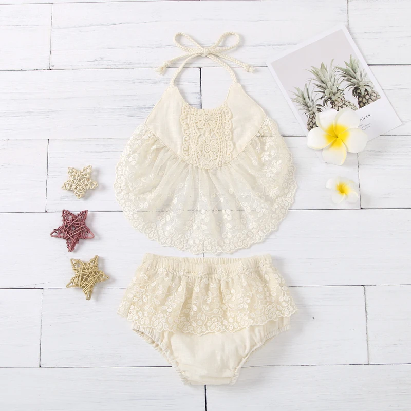 

Flofallzique Lace Cute Cool Summer Girl Suit For Halter Top And Baby Bottom Party Wedding Birth Souvenir Photo Clothes