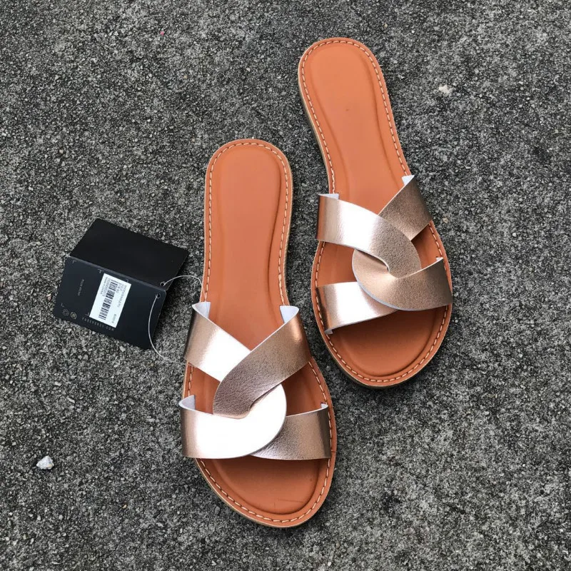 

Women Fashion Sandals Casual Flat Beach Shoes Summer Female Shoes Brand Leather Slip on Slides Solid Color Outdoor Woman Sandal