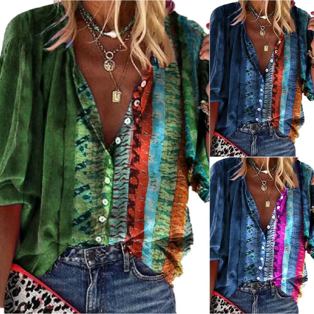 

Womens Long Sleeve Floral T-Shirts Tee Summer Beach Casual Button Tops Blouses