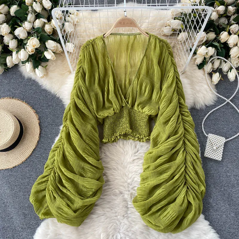 

Fashion Personality Folds Lantern Long Sleeve Tshirt Crop Top Woemn Sexy Deep V-neck Elastic waist Oversize Chiffon Blouse Tops