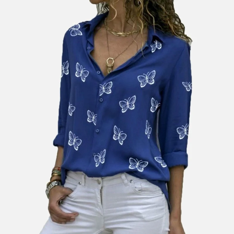 

Plus Size 5XL Butterfly Print Shirts for Women Chiffon Single-Breasted Turn-Down Collar Lady Blouse Summer Autumn Female Tops