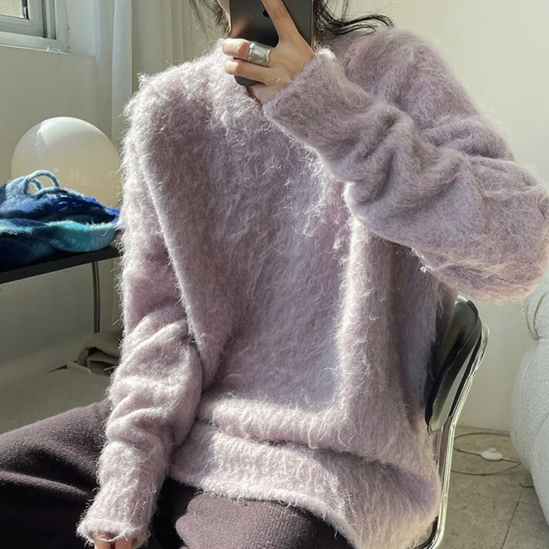 Новинка Женский Флокированный свитер с V-образным вырезом однотонный Модный
