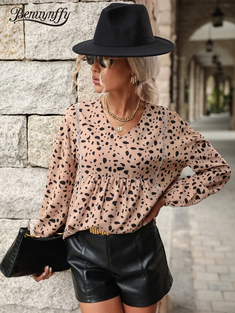 

Benuynffy Dalmatian Print V-neck Hollow Out Blouse Women Spring Fall Casual Long Sleeve Fashion Loose Keyhole Tops Blouses