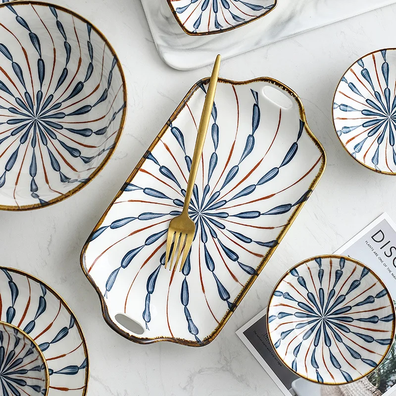 

Japanese Tableware Glaze Ceramic Dishes Set Rice Noodle Ramen Salad Bowls Steak Dessert Plate Food Tray Kitchen Plates Dish Set