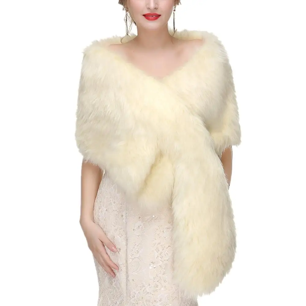 Women Winter Faux Fox Fur Coat Jacket Faux Fur Shawl Wrap Stole Bridal Wedding Cover Up