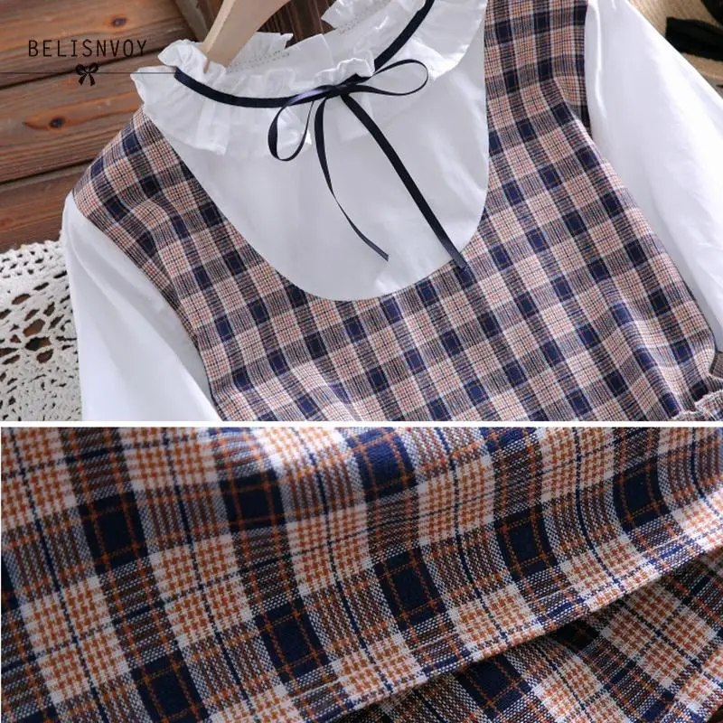 Женское клетчатое платье из двух частей Mori Girl милое с оборками и длинным рукавом