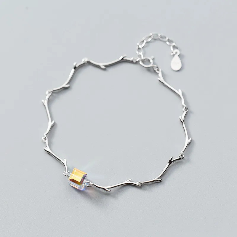 

Fine Jewelry Bohemia Crystal Square Bracelet Glossy Twig Style metal Chain Charm Women Wedding 925 Sterling Silver Gift