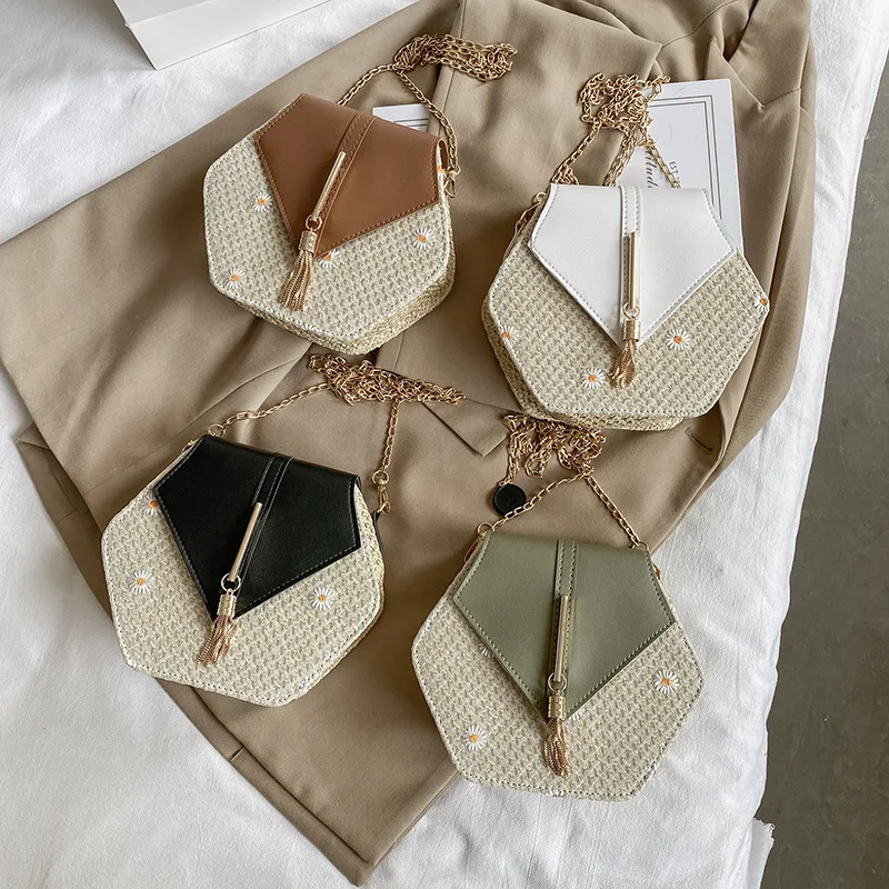 

Straw+leather Shoulder Bags Women Summer Brown Handbags Rattan Bag Handmade Woven Beach Circle Bohemia Crossbody Bag