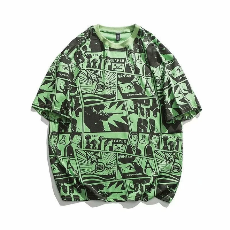 

cartoongraffiti full printed short sleeve T-shirt men's tide brand trend ins high street couple loose half sleeve clothes summer