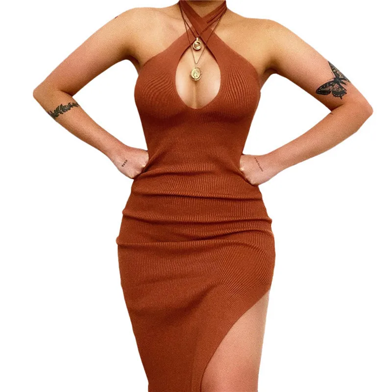 

Summer Sexy Ladies Halter Backless Bodycon Dress Women Sexy Clubwear Off Shoulder Cutout Suspender Split Irregular Vestidos 2021