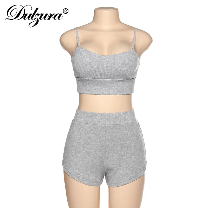 

Dulzura ribbed knitted two piece set crop top strap shorts biker sets streetwear 2020 spring summer clothes outfit active wear